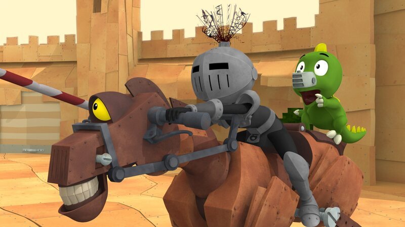 Drache Koks fragt sich, wer sich in dieser Rüstung verbirgt. – Bild: ZDF/​Caligari