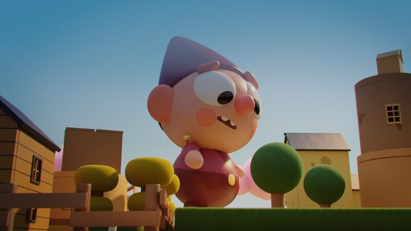 Mit Karla (l.) auf der Schulter und Riesenschritten unterwegs, muss Bob (r.) ganz schön aufpassen, dass er die Regenbogenstadt nicht versehentlich platttritt. – Bild: ZDF und DR, Sparre Production, GODO Films