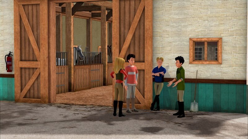 Da Wendy (l.) wegen einer geprellten Rippe nicht einwandfrei reiten kann, teilen Christian (2. v.r.) und Jerry (r.) Wendy mit, dass Christian nun der Vorsitzende des Teams ist und Robin (2.v.l.) für Wendy reiten wird. Das findet Wendy natürlich nicht gut. – Bild: ZDF und Wendy and Associated Characters