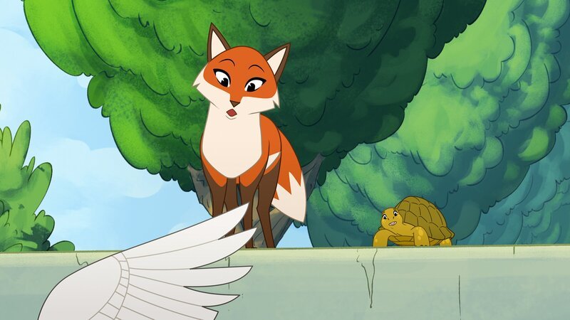 Schildkröte Törtel (r.) und Füchsin Wendy (l.) treffen auf Schwan Hokuspokus (v.), der den beiden seine neue Freundin vorstellt. Doch sie erkennen im Gegensatz zu ihm sofort: Das ist kein gewöhnlicher Schwan. – Bild: Caligari Film