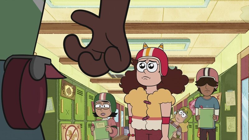 Gigi kann nicht fassen, dass Saige sie als strenge Aufsicht wegen des Schulheftrodelns abmahnt. – Bild: KiKA/​Daily Madness Limited/​Miam! Animation/​Thuristar/​VRT-Ketnet