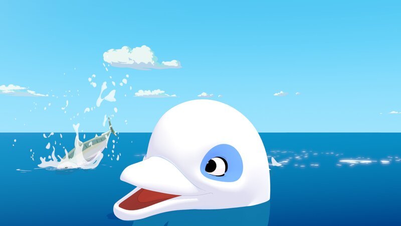 Der weiße Delfin Zoom schaut mit dem Kopf aus dem Wasser und schaut begeistert einem Fisch hinterher, der gerade neben ihm im Meer landet. – Bild: ZDF/​C Media Valley/​Marzipan Films/​TF1/​Gaumont Animation
