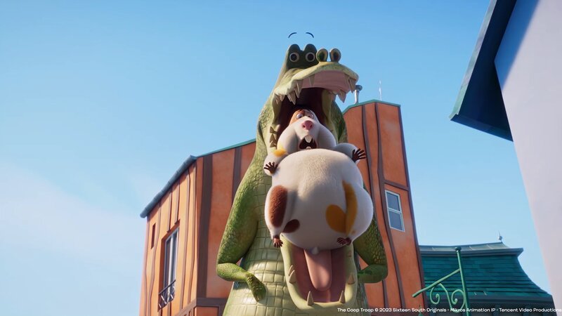 Cornelius schlafwandelt mit weit geöffnetem Maul, in dem Hamster Albert liegt. – Bild: KiKA/​Sixteen South/​Mikros Animation IP/​Tencent