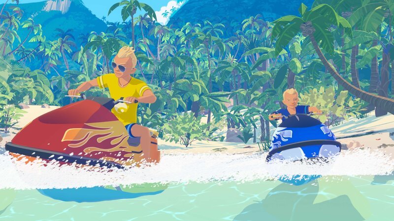 Die Zwillingsbrüder Sam und Tom düsen mit ihren Jetskis in der Bucht vor dem Dorf Maotou herum. Dabei nehmen sie wenig Rücksicht auf alle anderen um sie herum. Das ärgert Yann und Auru und sie fordern die beiden zu einem Wettrennen auf. – Bild: ZDF/​c Media Valley/​Marzipan Films/​TF1/​Gaumont Animation