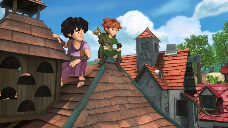 Hoch oben auf den Dächern Nottingham: Robin und Little John. – Bild: ZDF/​Method Animation/​DQ Entertainment/​Fabrique d’images/​ZDF Enterprises/​De Agostini