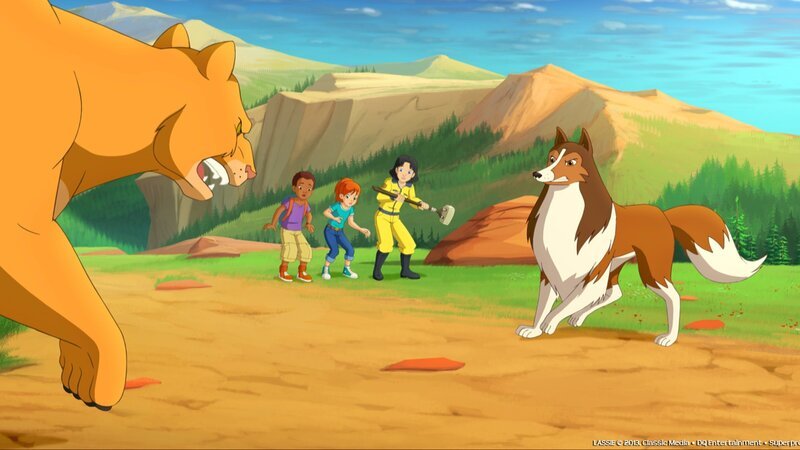 Lassie verteidigt Harvey, Zoé und Kim vor dem gefährlichen Berglöwen. – Bild: ZDF und DQ Entertainment