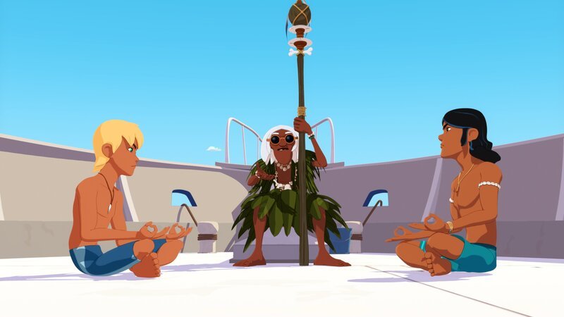 Der Schamane Ramana sitzt zwischen den zwei Streithähnen Yann und Auru und versucht sie dazu zu bringen, sich wieder zu vertragen. – Bild: ZDF /​ c Media Valley /​ Marzipan Films /​ TF1 /​ Gaumont Animation