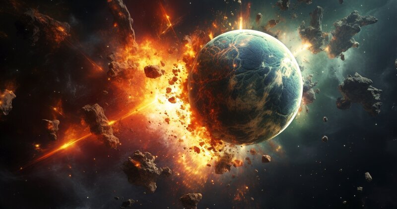 Der Protoplanet Theia rast kurz nach der Entstehung der Erde auf sie zu. Zerstört wird dabei nur Theia. Die Erde bleibt unversehrt. – Bild: Tobias Lenz /​ ZDF /​ AdobeStock_732805543