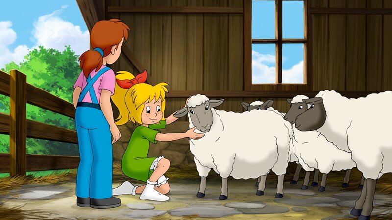 Bibi (r.) und Margie (l.) kümmern sich om die Schafe, denn am nächsten Tag findet die „Sheep-Shearing-Party“ statt. – Bild: ZDF und Kiddinx Studios