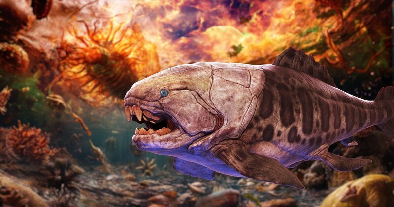 Bizarr geformte Lebewesen wie der Panzerfisch beherrschen die Ozeane. Sie erobern nach und nach neue Lebensräume. – Bild: ZDF und AdobeStock