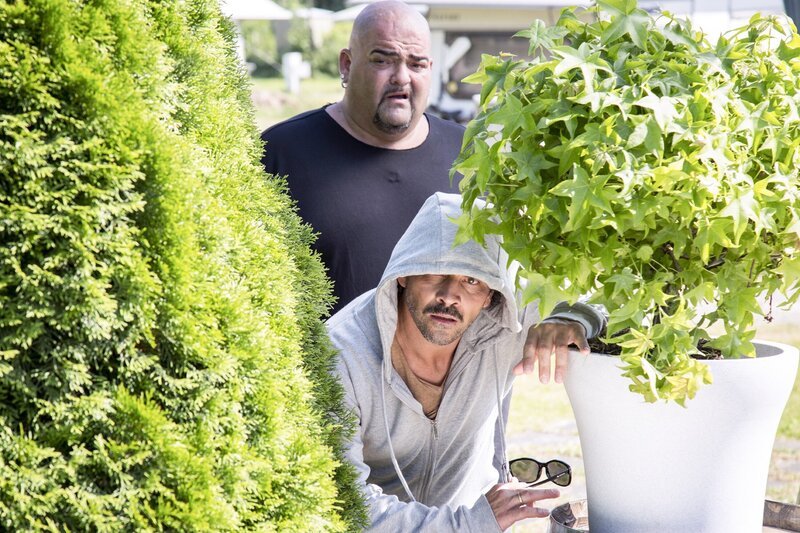 Manuel (Daniel Sellier, unten) und Itchy (Hakan Orbeyi, oben) werden bei ihrem Vorhaben gestört. – Bild: TVNOW /​ Dennis Hundt