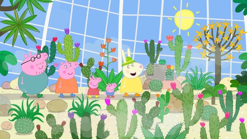 Mama und Papa Wutz (li.) gehen mit Peppa und Schorsch (mi.) in den botanischen Garten. Frau Löffel (re.) begrüßt sie und führt sie herum. – Bild: SUPER RTL
