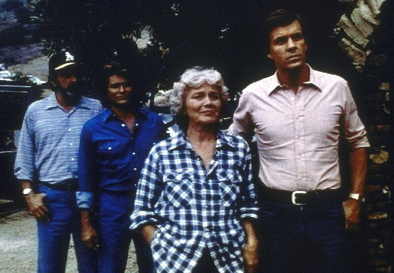 Zufrieden beobachten Jonathan (Michael Landon, 2.v.l.) und Mark (Victor French, l.), wie Arthur Krock verhindert, dass Gwen (Jean Allison, 2.v.r.) und Bob Halsteads (Scott Stevenson) Haus abgerissen wird. – Bild: Worldvision Enterprises, Inc.