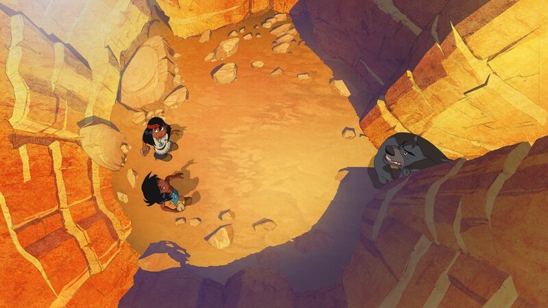 Kleiner Dachs (u.) und Wirbelwind (o.) werden von einem Grizzly angegriffen. – Bild: WDR/​Ellipsanime Productions/​Belvision/​Les Cartooneurs Associés/​2 Minute