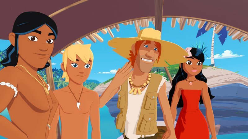 Auru, Yann und Timeti haben herausgefunden, wieso plötzlich so viele Fische in der Bucht sind. Jack (M.) hatte Fischfutter ins Meer gestreut. – Bild: ZDF/​c Media Valley/​Marzipan Films/​TF1/​Gaumont Animation