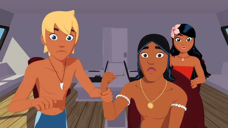 Zu spät! Yann (l.) hatte gerade noch versucht, Aurus Hand wegzuziehen, aber der hat vorher die Jacht von Van Krook in Gang gesetzt. Und das Schiff lässt sich nicht mehr stoppen. – Bild: ZDF/​c Media Valley/​Marzipan Films/​TF1/​Gaumont Animation