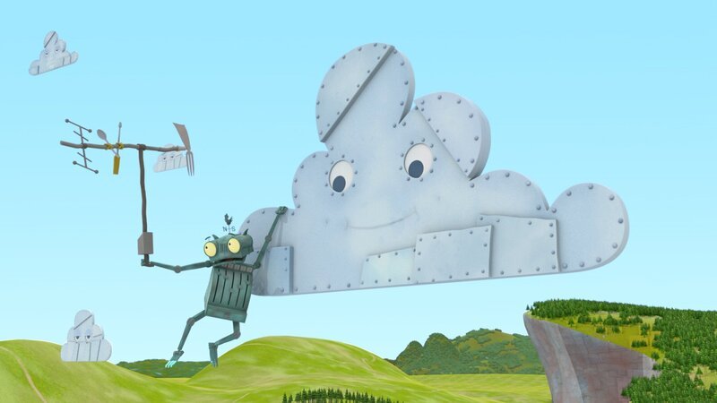 Ritter Rost versucht, den Fernsehempfang zu verbessern, indem er sich an eine von Schrottlands Wolken hängt. – Bild: ZDF/​Caligari