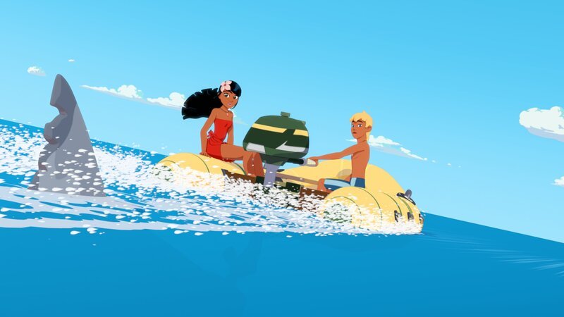 Timeti und Yann (v.l.) locken den Hai Rahi zur kleinen Insel Heramana. Dort soll er die Kaufinteressenten der Hotelanlage vertreiben, die der Gauner Van Krook auf der Insel errichten will. – Bild: ZDF/​c Media Valley/​Marzipan Films/​TF1/​Gaumont Animation