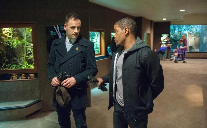 Müssen einen Diebstahl in einem Zoo aufklären: Holmes (Jonny Lee Miller, l.) und Bell (Jon Michael Hill, r.) … – Bild: CBS Television