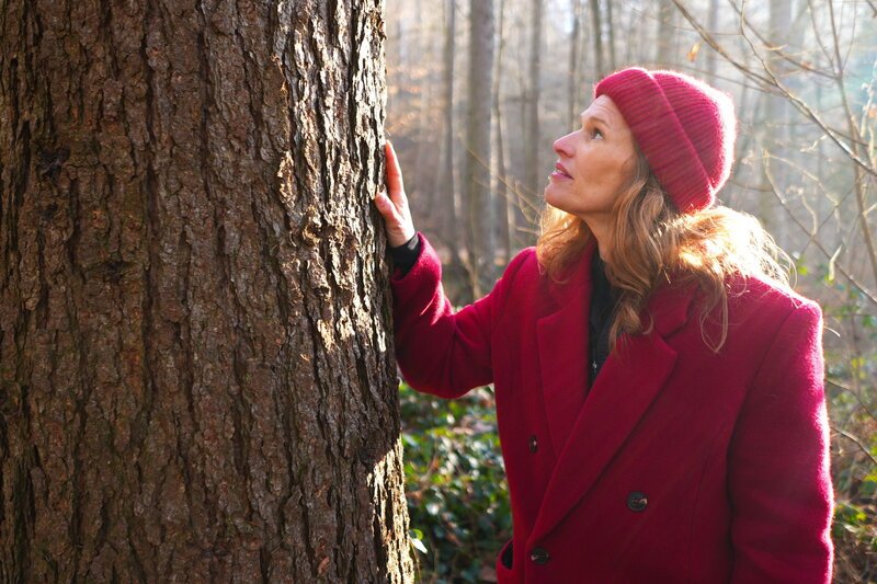 Einstein Moderatorin Kathrin Hönegger blickt zu einem Baumstamm in einem Schweizer Wald. – Bild: SRF1