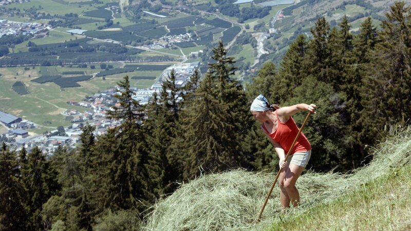 Nadia Stecher bei der Heuernte, Schluderns. – Bild: ZDF und ORF/​GEOSFILM
