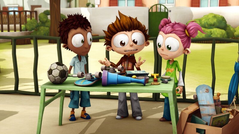 Die Übernachtungsparty im Freizeitpark ist ganz schön teuer und so hoffen Angelo und seine Freunde, dass man auf dem Flohmarkt genug Geld verdienen kann. – Bild: SUPER RTL