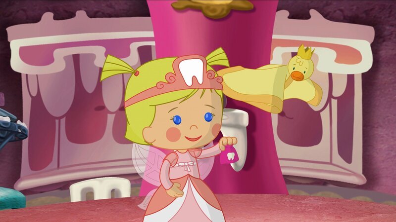 Zoé mit einem kleinen Beutelchen, mit dem die verlorenen Milchzähne der Kinder eingesammelt werden. – Bild: KI.KA/​Mike Young Productions