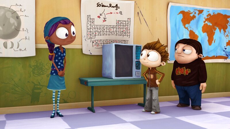 Miss Perla erklärt Angelo und Manetti, wie der 3D-Drucker funktioniert. – Bild: Cake Entertainment