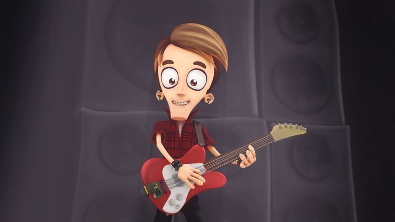 Als Dad und Angelo gemeinsam die Garage aufräumen, finden sie Dads verstaubte E-Gitarre. Er hat immer davon geträumt, ein echter Rockstar zu werden. – Bild: Dad, der Rockstar /​ Der Schulausschuss /​ Cake Entertainment