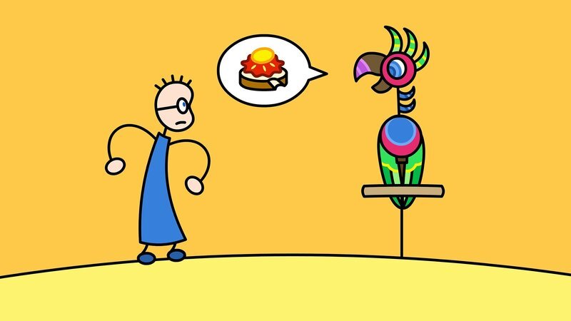 TOM trifft Papas Papagei und fragt ihn nach einem Erdbeermarmeladebrot mit Honig. – Bild: SWR/​Studio Film Bilder Stuttgart