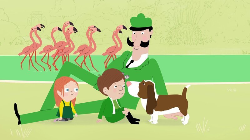 Die Flamingos führen ihre Paarungstänze auf. Hund Baxter will auch mitmachen. – Bild: KiKA/​Igloo Productions Ltd.