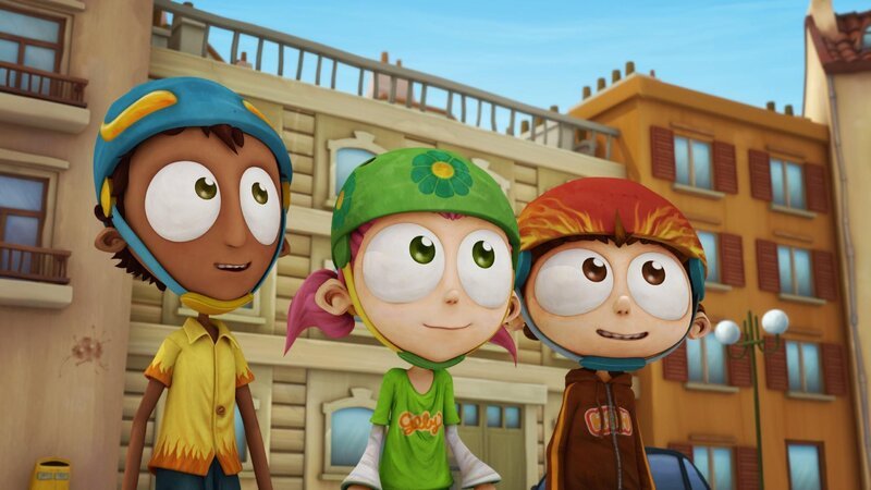 Sherwood, Lola und Angelo (v.l.) cruisen mit Joe Momma durch die Stadt. Sie wollen den Schwindel um die vertauschten Katzen aufdecken. – Bild: Cake Entertainment