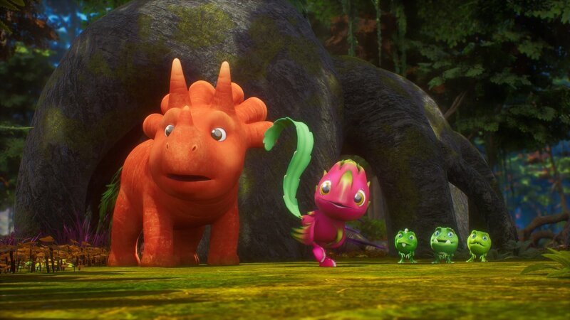 Der Drachenfruchtfliegus hat Ginger und die Erbs-Rexe in eine brenzlige Lage gebracht. – Bild: ZDF und Cheeky Little Media