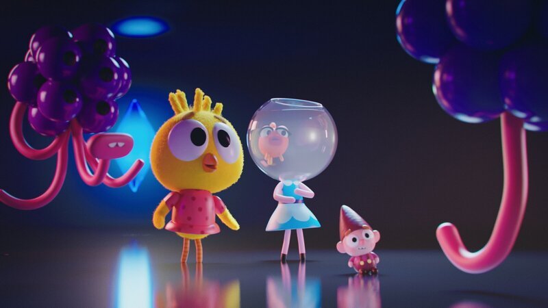 Karla (2.v.l.), Goldie (M.) und Bob (2.v.r.) sind noch etwas skeptisch. Im Haus von Plonks Eltern (l. und r.) läuft eben alles ein bisschen anders. Bei dieser Alienfamilie gelten eigene Regeln. – Bild: ZDF und DR, Sparre Production, GODO Films