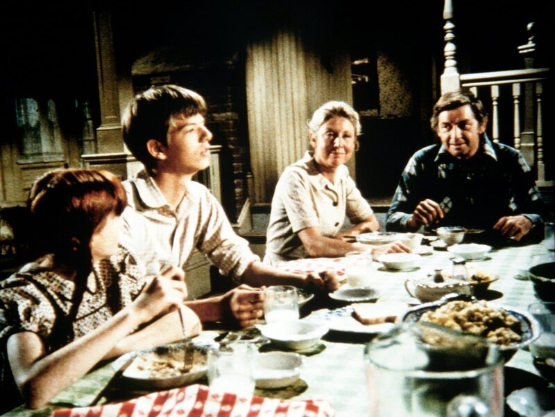 Um seinem Bruder zu helfen, der Mrs. Brimmer ein kaputtes Auto verkauft hat, verspricht Jim-Bob (David W. Harper, 2.v.l.), die Reparatur zu übernehmen. Olivia (Michael Learned, 2.v.r.) und John (Ralph Waite, r.) freuen sich über diese Lösung. – Bild: Sat.1 Gold