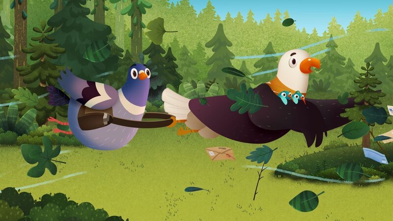 Während einer Wanderung weht der Wind so stark, dass Herr Brieftaube und die Campleiterin fast weggeweht werden. – Bild: KiKA/​Sixteen South & Letko