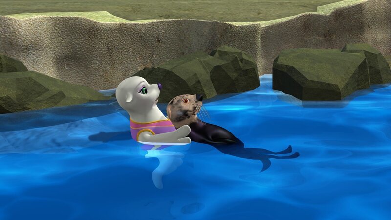 In einem Sturm schlägt ein Schiff leck. Es bildet sich ein gefährlicher Ölteppich, der die Tiere bedroht. Für Skid ist es zu gefährlich, an die Felsen heranzufahren. Er ist auf Robertas Hilfe angewiesen. – Bild: KI.KA/​Mike Young Productions