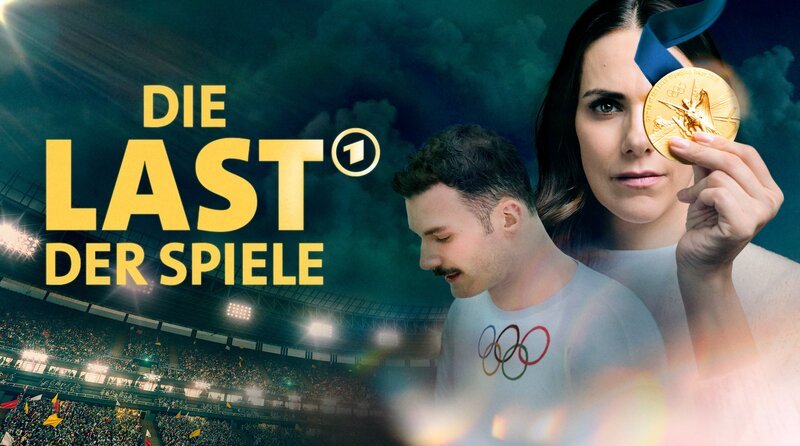 Key Visual/​Cover mit Typo zu „Die Last der Spiele“. ARD-Sportmoderatorin Esther Sedlaczek will herausfinden, wie sich Sportler auf Olympische Spiele mental vorbereiten, was mentale Stärke ausmacht und vor allem wie es ihnen nach den Spielen psychisch geht – genau dann, wenn die mediale Aufmerksamkeit wieder vorbei ist. – Bild: BR/​picture alliance/​stock.adobe.com/​Valerio Agolino/​Montage: Hannah Wiesner