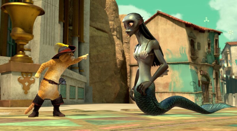 Der gestiefelte Kater stellt die Meerjungfau zur Rede. Wegen ihres Verhaltens leidet sein guter Ruf. – Bild: ORF/​Universal