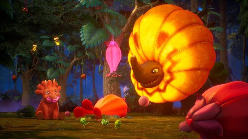 Der Kürbi-Saurier zeigt Ginger und den Erbs-Rexen seinen besten Trick. – Bild: Cheeky Little Media /​ ZDF