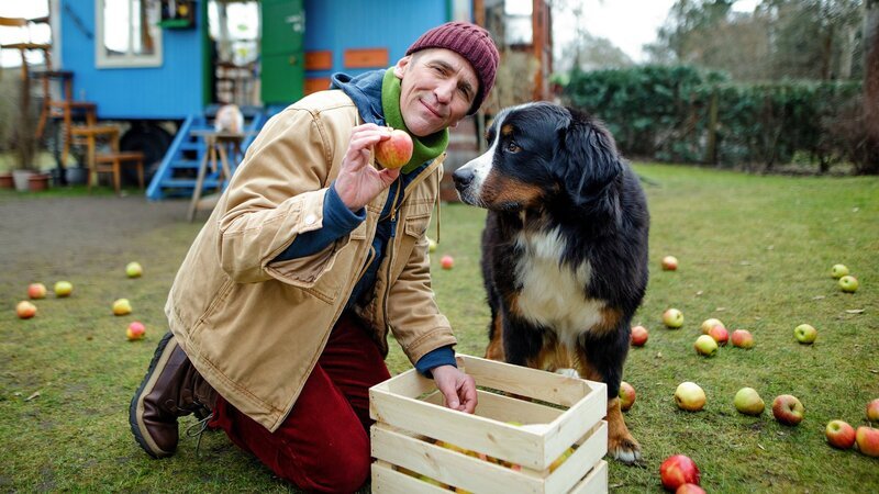 Fritz (Guido Hammesfahr) liebt seine Äpfel und muss diesen kostbaren Vorrat gemeinsam mit Keks beschützen. – Bild: ZDF und Andrea Hansen Fotografie
