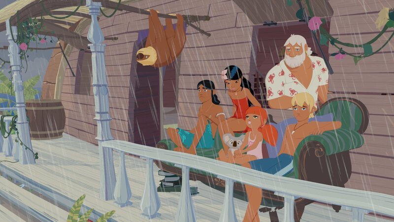 Der Regentanz des Schamanen scheint geholfen zu haben. Jedenfalls regnet es seit Tagen auf Maotou und alle sind schon ein wenig genervt. – Bild: ZDF/​c Media Valley/​Marzipan Films/​TF1/​Gaumont Animation