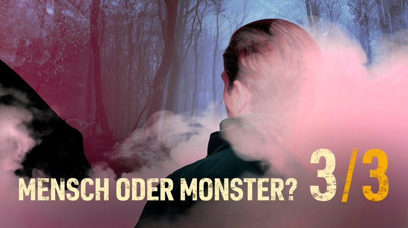 ARD Crime Time: Rosa Riese – Jagd auf ein Phantom – Mensch oder Monster? (3/​3) Oberkörpersilhouette eines Mannes mit kurzem braunen Haar von hinten mit Blick in den Wald, umgeben von rosafarbenen Nebel. – Bild: SWR/​Adobe Stock /​ SWR Presse/​Bildkommunikation
