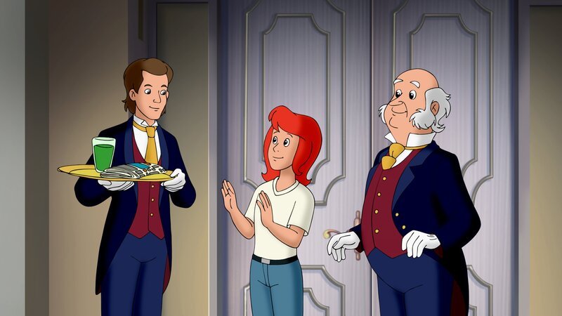 Tina (M.) weiht Dagobert (r.) ein und sie ersetzen kurzerhand Falkos treuen Diener durch einen übereifrigen Kollegen (l.). – Bild: Kiddinx /​ ZDF