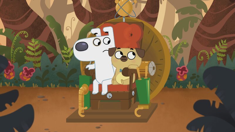 Zusammen mit Dog reist Puck in eine längst vergangene Zeit. – Bild: KiKA/​Dog Loves Productions Limited 2020