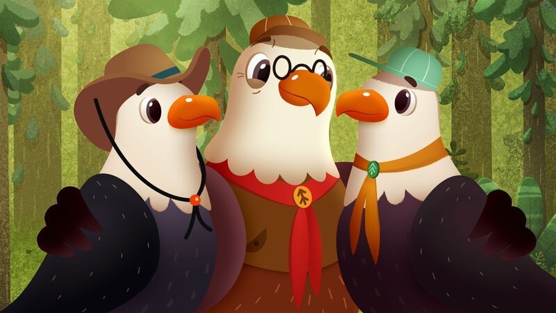 Inspektorin Federkleid nimmt die Campleiterin und deren Schwester Myrte in den Arm, um Frieden zwischen den beiden zu stiften. – Bild: KiKA/​Sixteen South & Letko