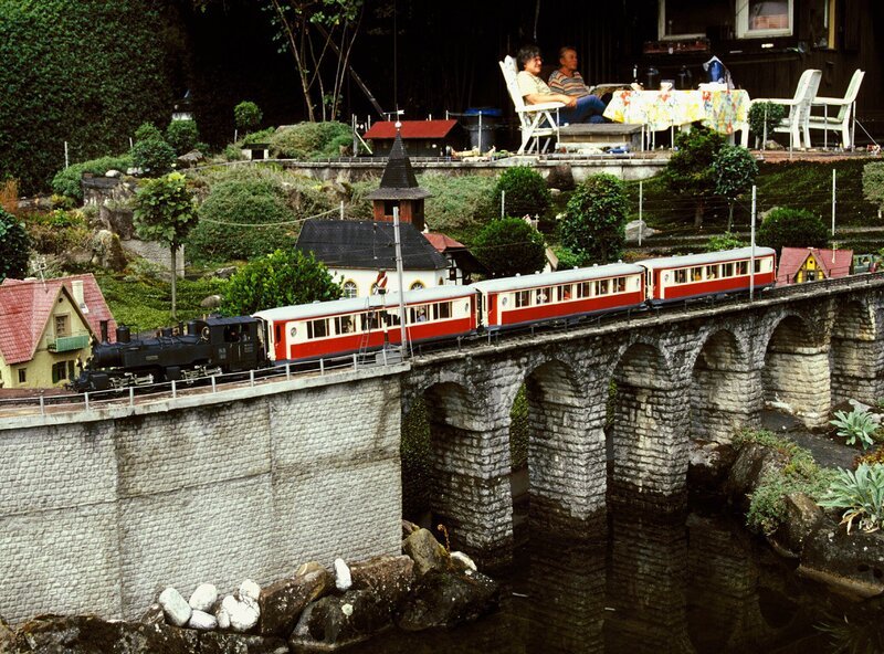 Zu Besuch bei einer der Gartenbahnanlagen, hier von Peter Wanke, in denen selbst die Vegetation im Maßstab 1:22,5 wächst. – Bild: SWR