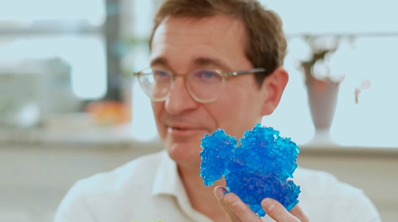 Tobias Erb, Forscher am Max-Planck-Institut Marburg mit dem Modell eines neuen Enzyms für die Photosynthese.; hr-fernsehen KLIMASCHUTZ MADE IN HESSEN – FORSCHUNG FÜR DIE ZUKUNFT, Ein Film von Gabi Delingat, am Samstag (05.10.24) um 18:15 Uhr. Tobias Erb, Forscher am Max-Planck-Institut Marburg mit dem Modell eines neuen Enzyms für die Photosynthese. © HR, honorarfrei – Verwendung gemäß der AGB im engen inhaltlichen, redaktionellen Zusammenhang mit genannter HR-Sendung bei Nennung „Bild: HR“ (S2). HR/​Pressestelle, Tel: 069/​155⁠–⁠4954 – Bild: HR