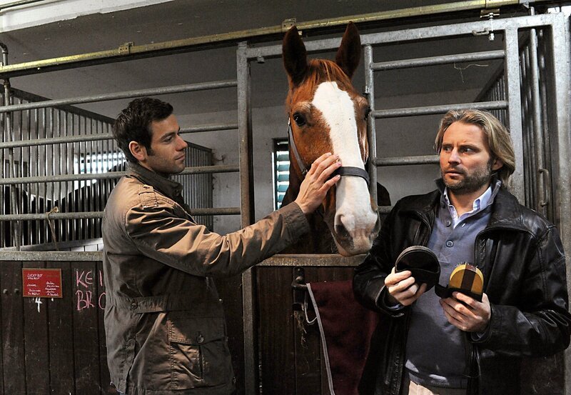 ARD STURM DER LIEBE FOLGE 1222, Jacob (Andreas Thiele, l.) versucht Michael (Erich Altenkopf, r.) die Lust am Reiten zu verderben, indem er ihn alleine zu einem nervösen Pferd in die Box schickt. – Bild: ARD/​Ann Paur