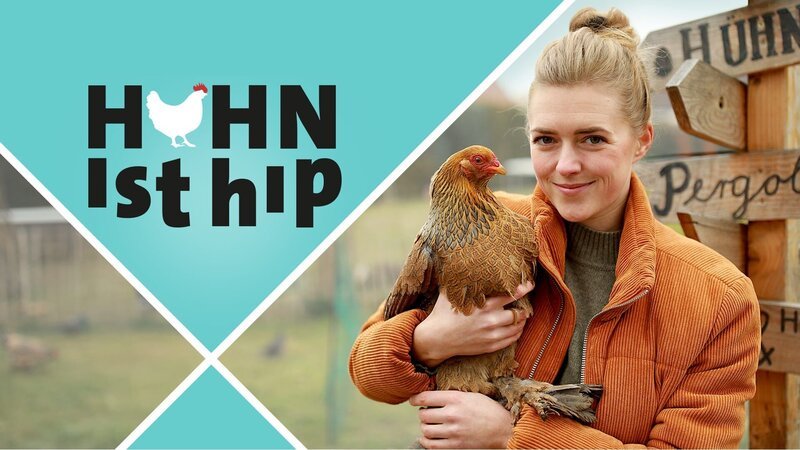 Key Visual Sendereihenbild mit Typo zu „Huhn ist hip“. Immer mehr Menschen legen sich Hühner als Haustiere zu. Ein Jahr lang begleitet die Dokuserie „Huhn ist hip“ fünf Hühnerhalter in ihrem spannenden Alltag mit dem Federvieh. Eine Hühner-Retterin mit großem Herz ist die 27-jährige Alisa aus Kitzingen-Schwarzach. Ihre bunte Hühnerschar wohnt in einem ehemaligen Baumhaus im Garten. – Bild: Odwin von Wurmb